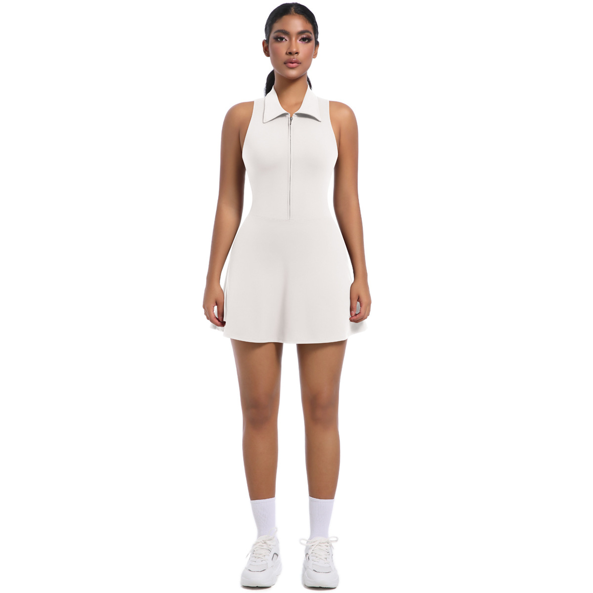 Women Zip Polo Collar Sleeveless Integrated Tennis Dress, Half Zip Polo Halter Athletic Mini Dress With Built-in Anti-exposure Shorts 6 Colors, YFYS6676