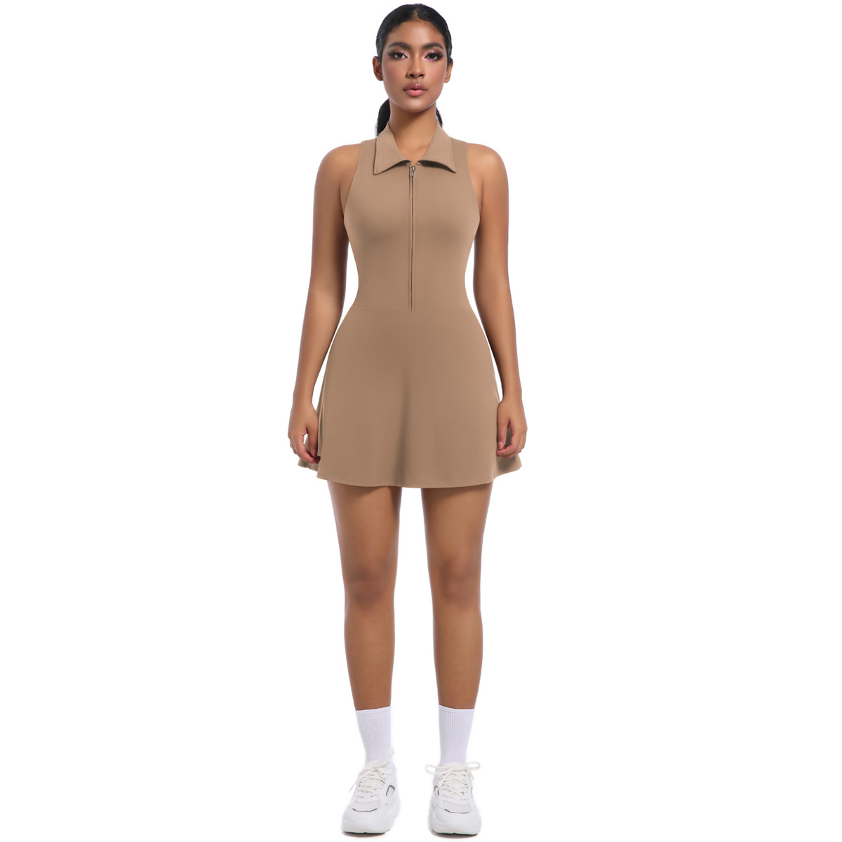 Women Zip Polo Collar Sleeveless Integrated Tennis Dress, Half Zip Polo Halter Athletic Mini Dress With Built-in Anti-exposure Shorts 6 Colors, YFYS6676
