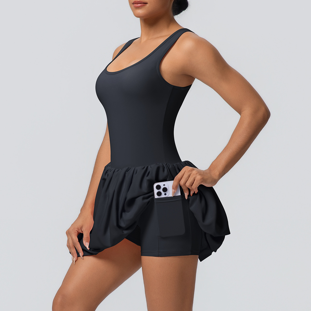 Quick Dry Training Dress, Square Neck Ruffle Hem Sleeveless Sport Dress 5 Colors, Solid Color Tight Integrated Shorts Tennis Dress With Pocket 5 Colors, YFYS7090