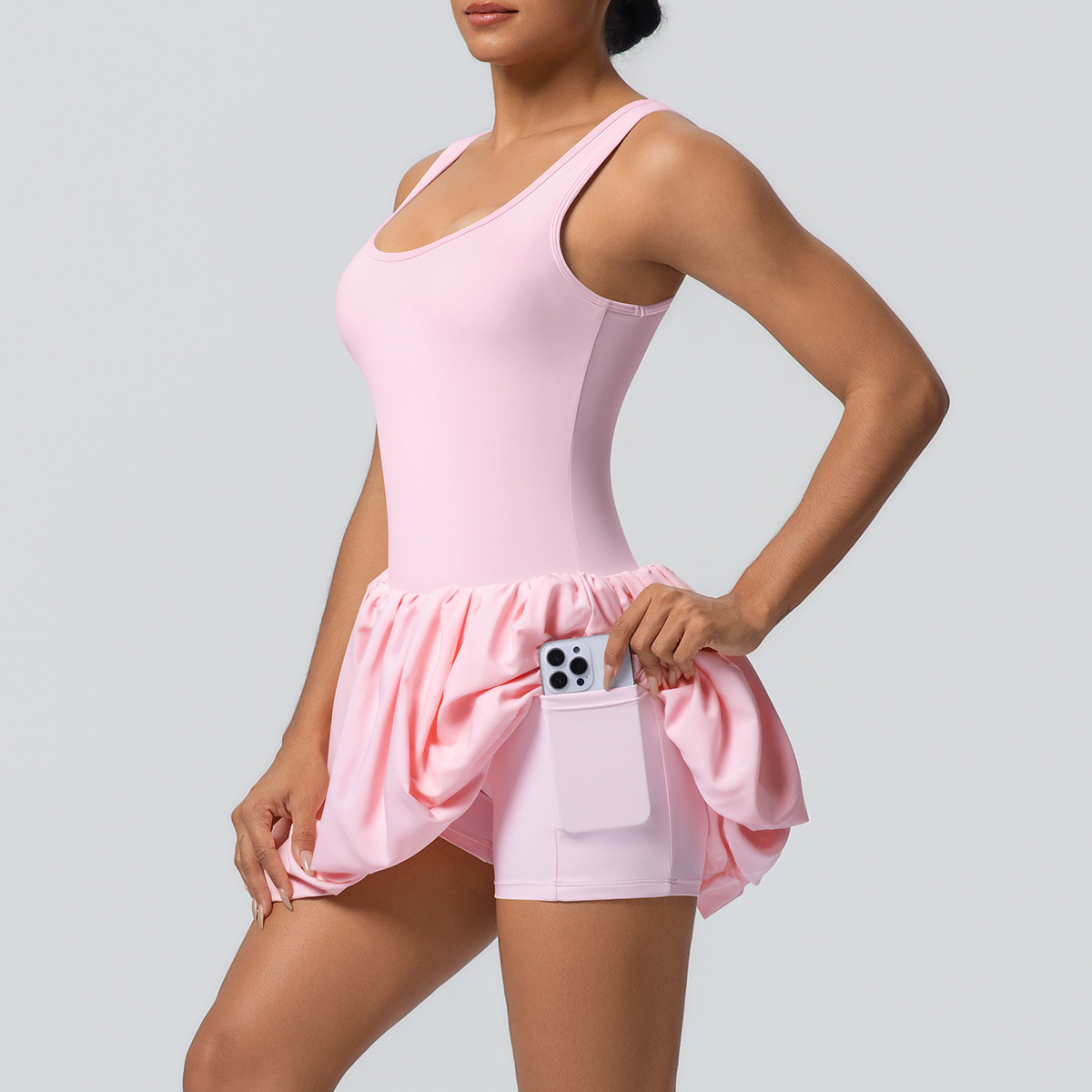 Quick Dry Training Dress, Square Neck Ruffle Hem Sleeveless Sport Dress 5 Colors, Solid Color Tight Integrated Shorts Tennis Dress With Pocket 5 Colors, YFYS7090
