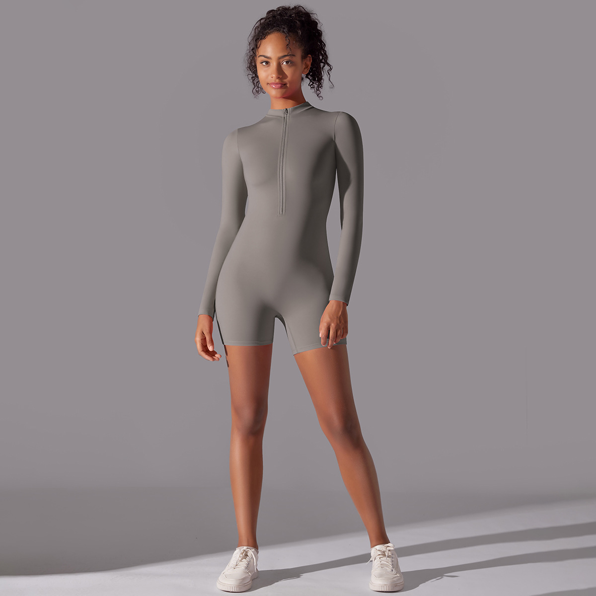 Women Half Zip Mock Neck Long Sleeve Short Jumpsuit, Half Zip Stand Collar Long Sleeve Tight Short Bodysuit 7 Colors, YFYS6646