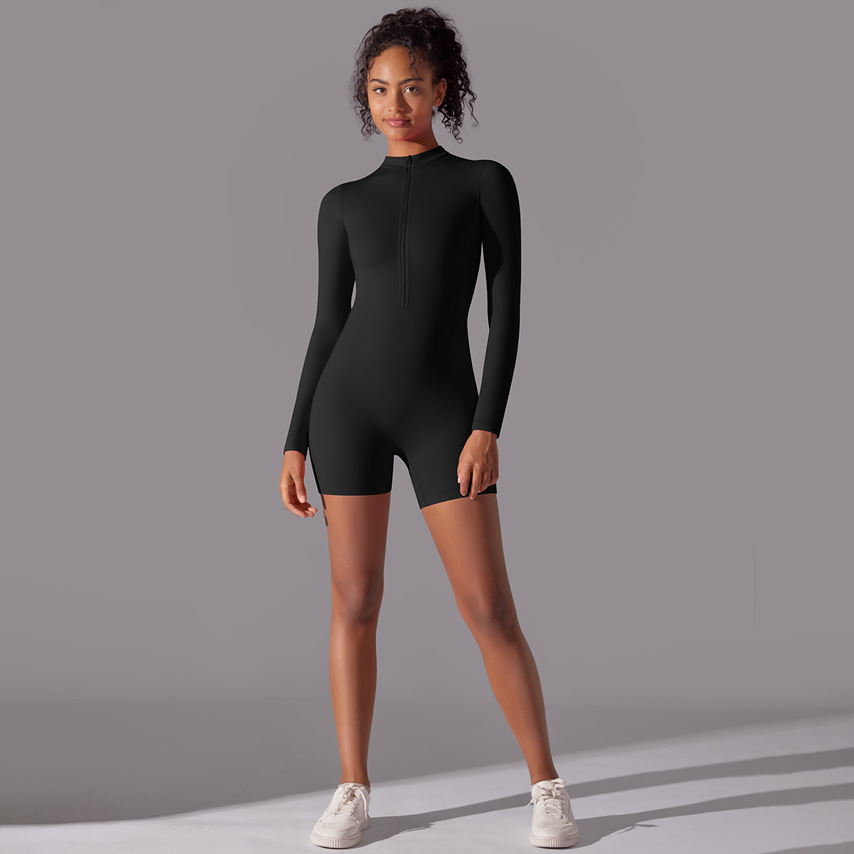 Women Half Zip Mock Neck Long Sleeve Short Jumpsuit, Half Zip Stand Collar Long Sleeve Tight Short Bodysuit 7 Colors, YFYS6646