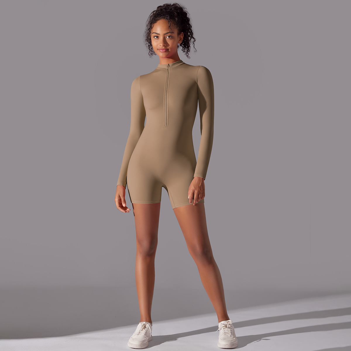 Women Half Zip Mock Neck Long Sleeve Short Jumpsuit, Half Zip Stand Collar Long Sleeve Tight Short Bodysuit 7 Colors, YFYS6646