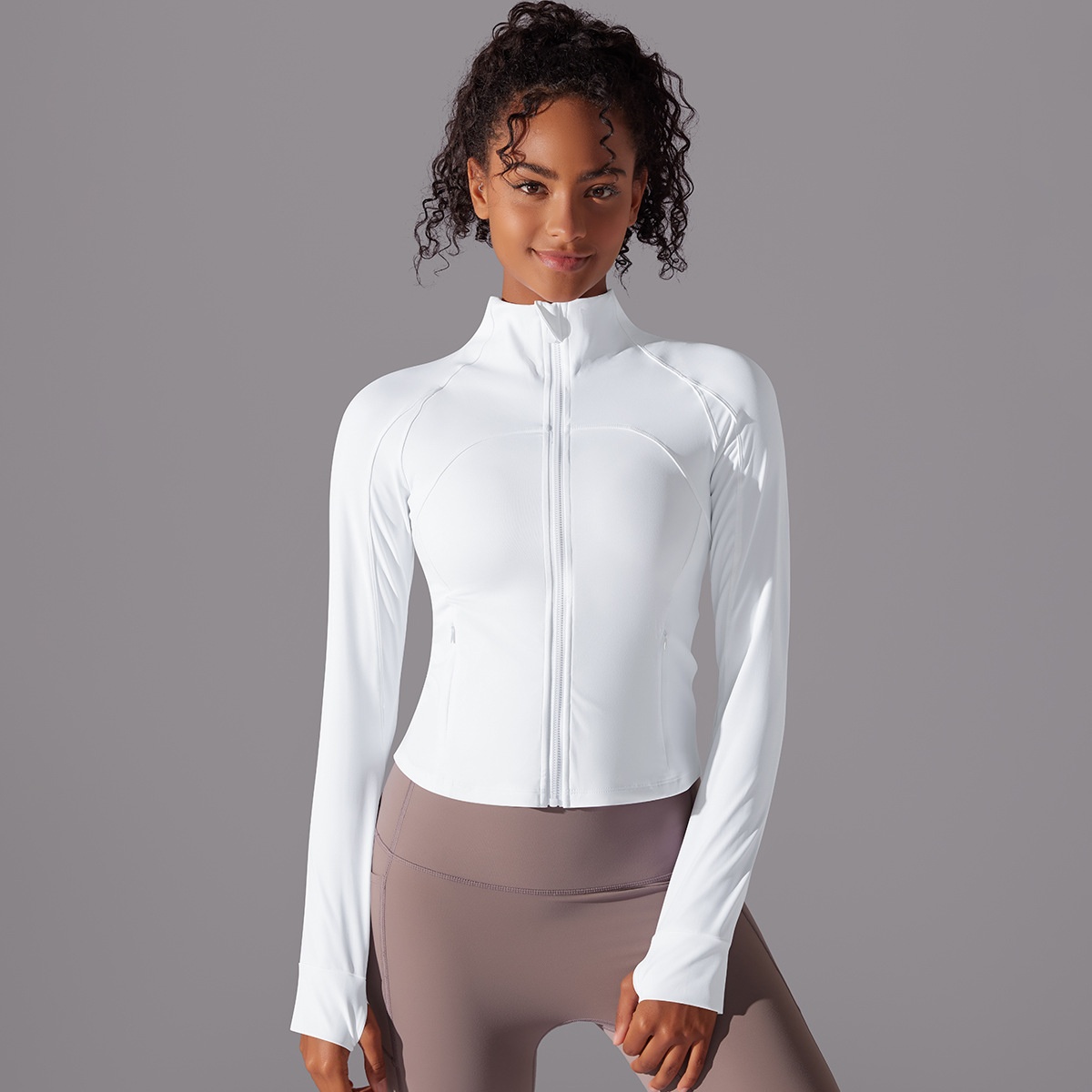 Solid-Color Brushed Stand-Collar Long-sl