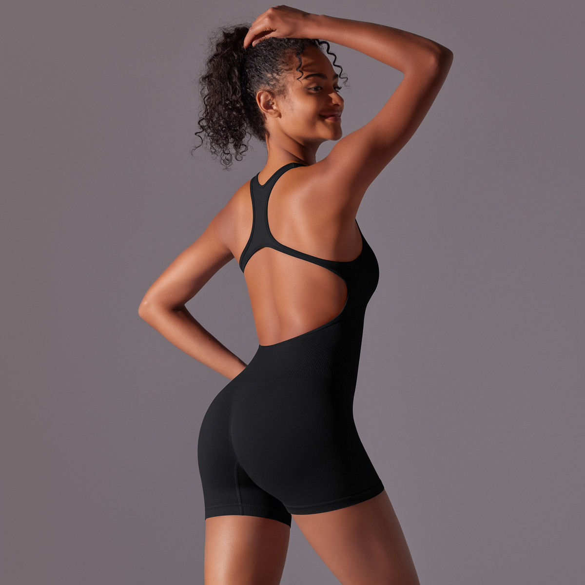 Women Y-Back Sleeveless Short Jumpsuit, Racerback Hollow Out Back Tight Short Bodysuit 7 Colors, YFYS6655
