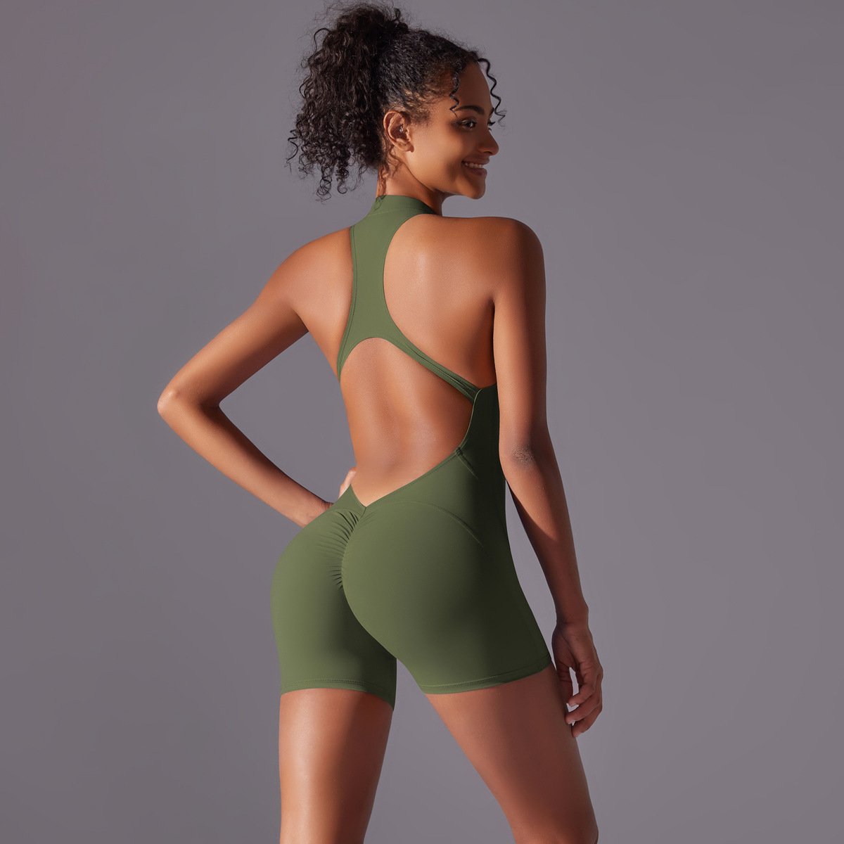 Women Half Zip Mock Neck Halter Hollow Back Short Jumpsuit, Half Zip Stand Collar Halter Big Hollow Back Tight Short Bodysuit 14 Colors, YFYS6660