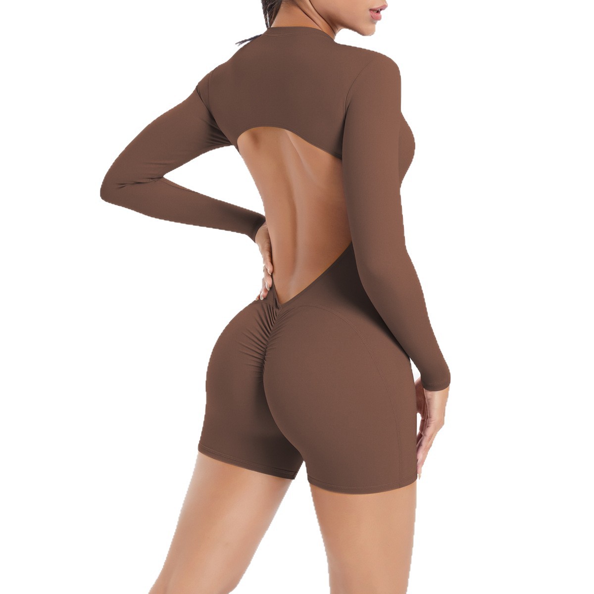 Women Mock Neck Long Sleeve Hollow Back Short Jumpsuit, High Neck Long Sleeve Big Hollow Cutout Back Tight Short Bodysuit 5 Colors,