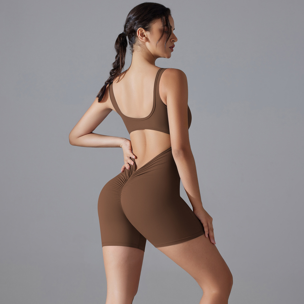 Women Square Tank Strap V Hollow Back Short Jumpsuit, U Square Neck Tank Cutout V Waist Back Tight Short Bodysuit 10 Colors, YFYS6668