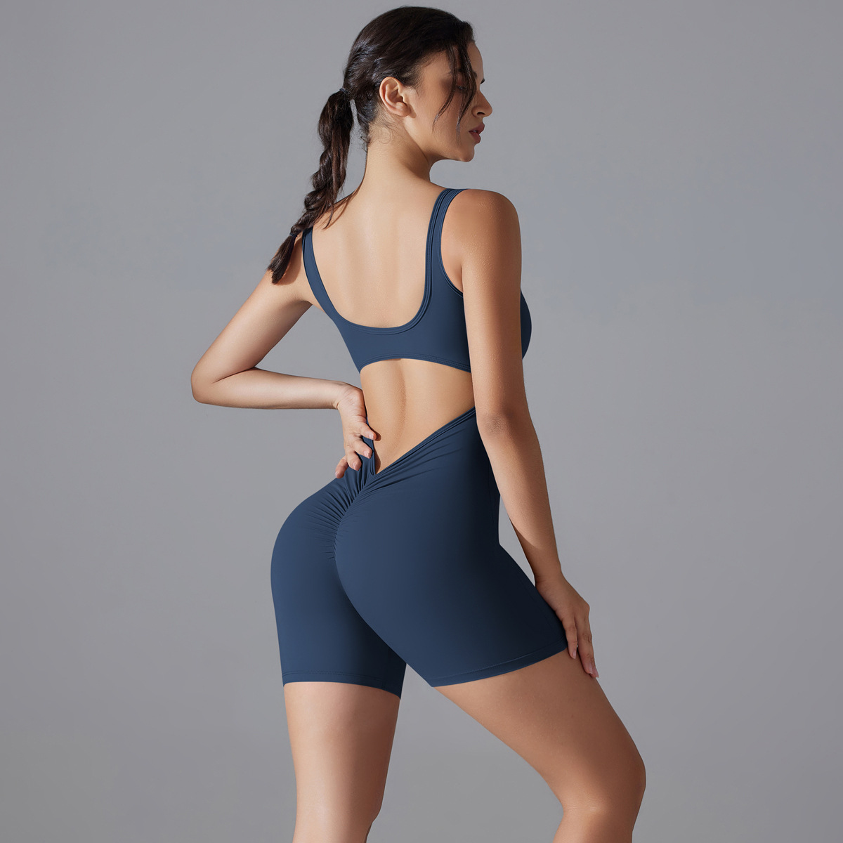 Women Square Tank Strap V Hollow Back Short Jumpsuit, U Square Neck Tank Cutout V Waist Back Tight Short Bodysuit 10 Colors, YFYS6668
