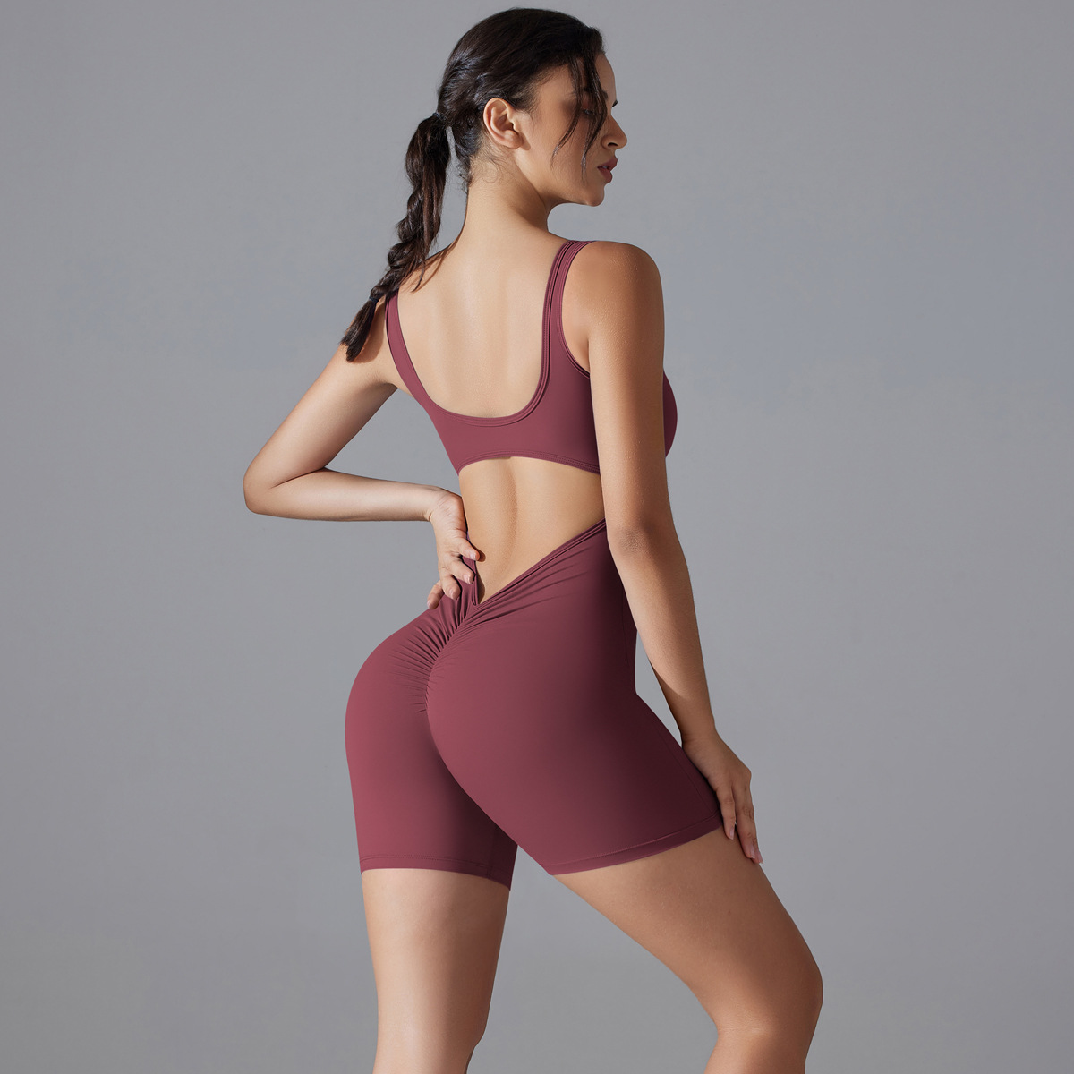 Women Square Tank Strap V Hollow Back Short Jumpsuit, U Square Neck Tank Cutout V Waist Back Tight Short Bodysuit 10 Colors, YFYS6668