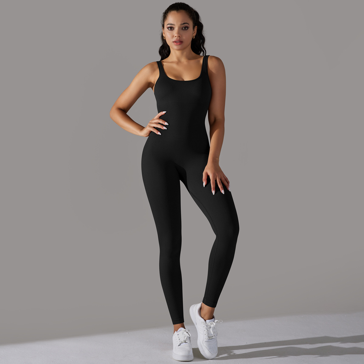 Women Wide Square Strap Ribbed Long Leg Jumpsuit, U Square Neck Wide Shoulder Strap Ribbed Tight Long Leg Bodysuit 7 Colors, YFYS6643