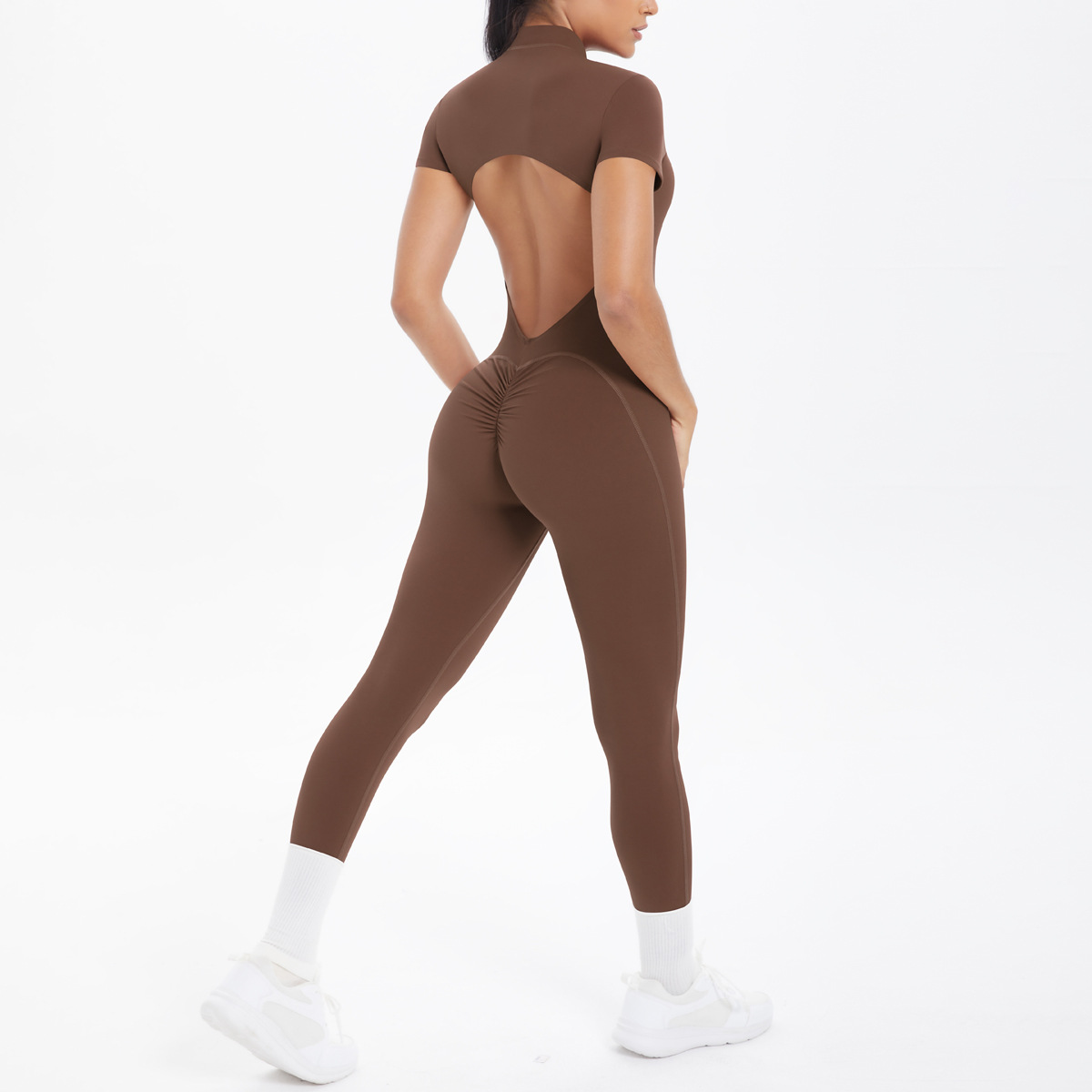 Women Half Zip Mock Neck Short Sleeve Hollow Back Long Leg Jumpsuit, Half Zip Stand Collar Short Sleeve Big Hollow Back Tight Long Leg Bodysuit 5 Colors, YFYS6698
