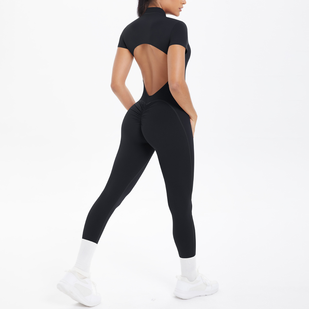 Women Half Zip Mock Neck Short Sleeve Hollow Back Long Leg Jumpsuit, Half Zip Stand Collar Short Sleeve Big Hollow Back Tight Long Leg Bodysuit 5 Colors, YFYS6698