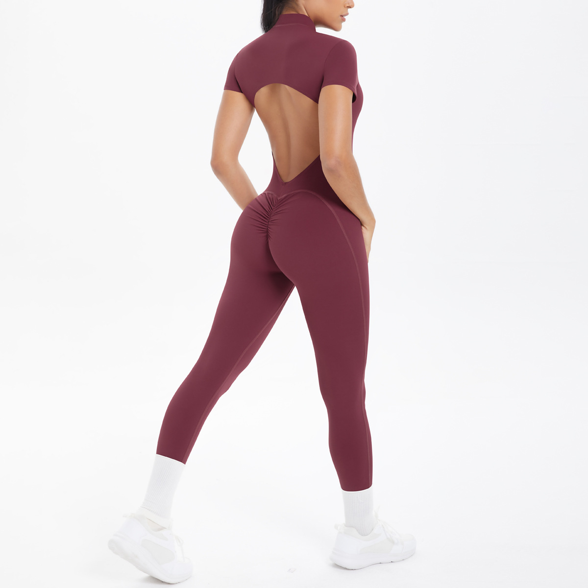Women Half Zip Mock Neck Short Sleeve Hollow Back Long Leg Jumpsuit, Half Zip Stand Collar Short Sleeve Big Hollow Back Tight Long Leg Bodysuit 5 Colors, YFYS6698