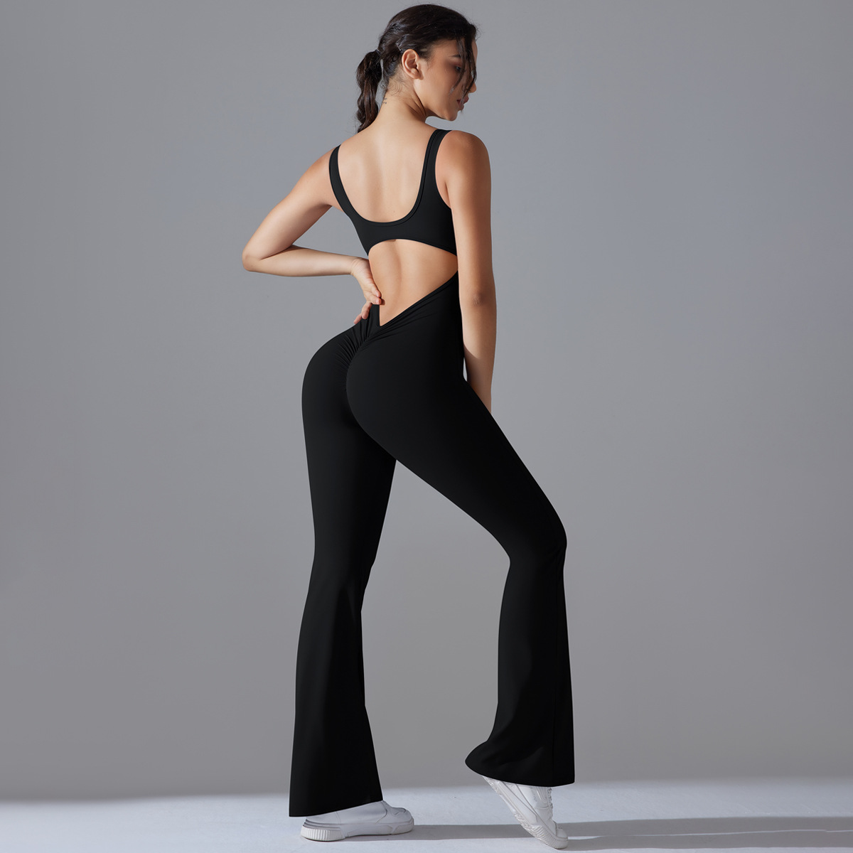 Women Wide Square Strap Hollow Back Flared Leg Jumpsuit, U Square Neck Wide Shoulder Strap Cutout Back Flared Long Leg Bodysuit 10 Colors, YFYS6667