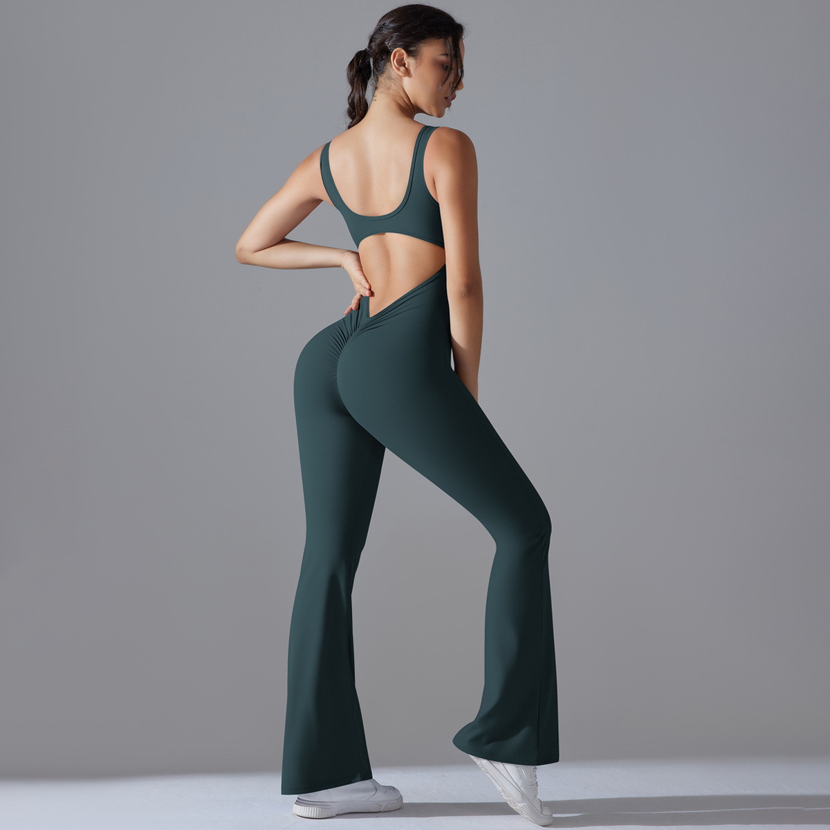 Women Wide Square Strap Hollow Back Flared Leg Jumpsuit, U Square Neck Wide Shoulder Strap Cutout Back Flared Long Leg Bodysuit 10 Colors, YFYS6667
