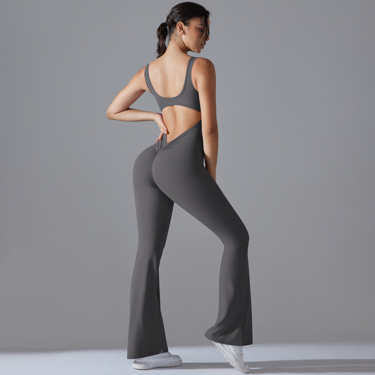 Women Wide Square Strap Hollow Back Flared Leg Jumpsuit, U Square Neck Wide Shoulder Strap Cutout Back Flared Long Leg Bodysuit 10 Colors, YFYS6667