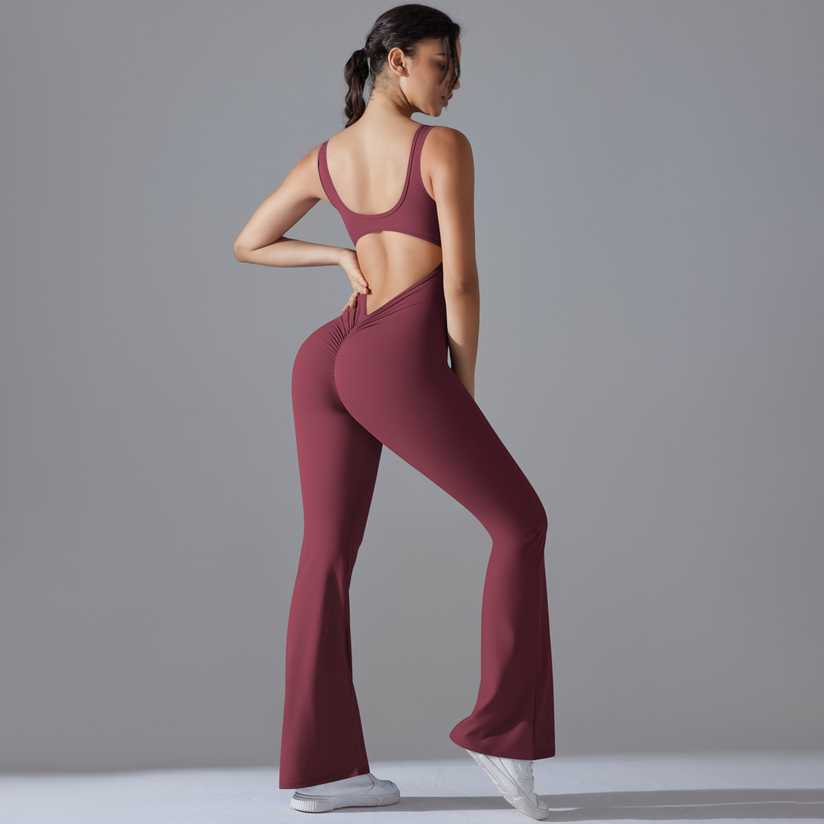 Women Wide Square Strap Hollow Back Flared Leg Jumpsuit, U Square Neck Wide Shoulder Strap Cutout Back Flared Long Leg Bodysuit 10 Colors, YFYS6667