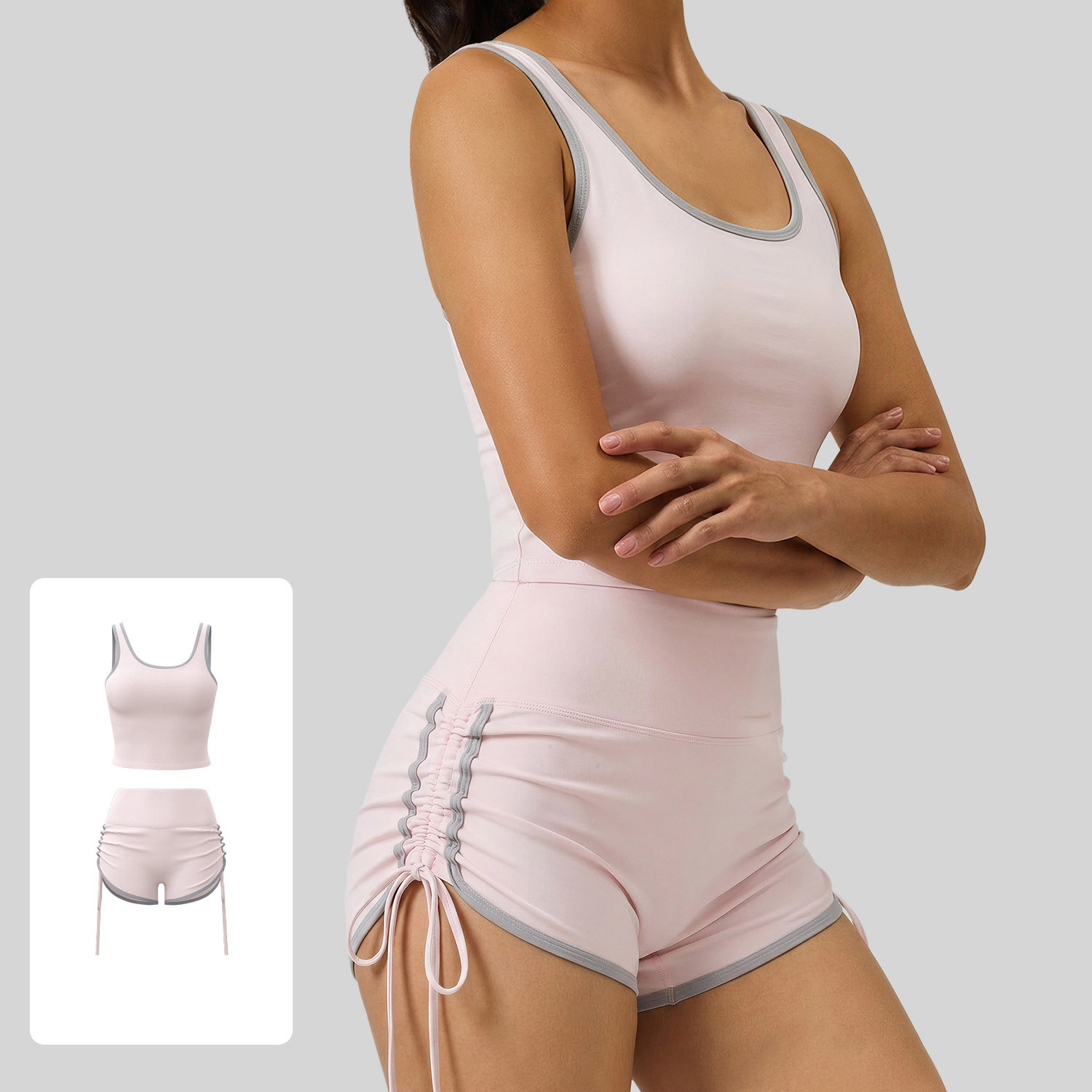Women Contrast Binding Square Tank Drawstring Short Two Piece Workout Set, Contrast Trim U Neck Crop Tank Top + Side Drawstring High Waist Short Yoga Outfit 4 Colors, YFJYMB110+YFJYMA119