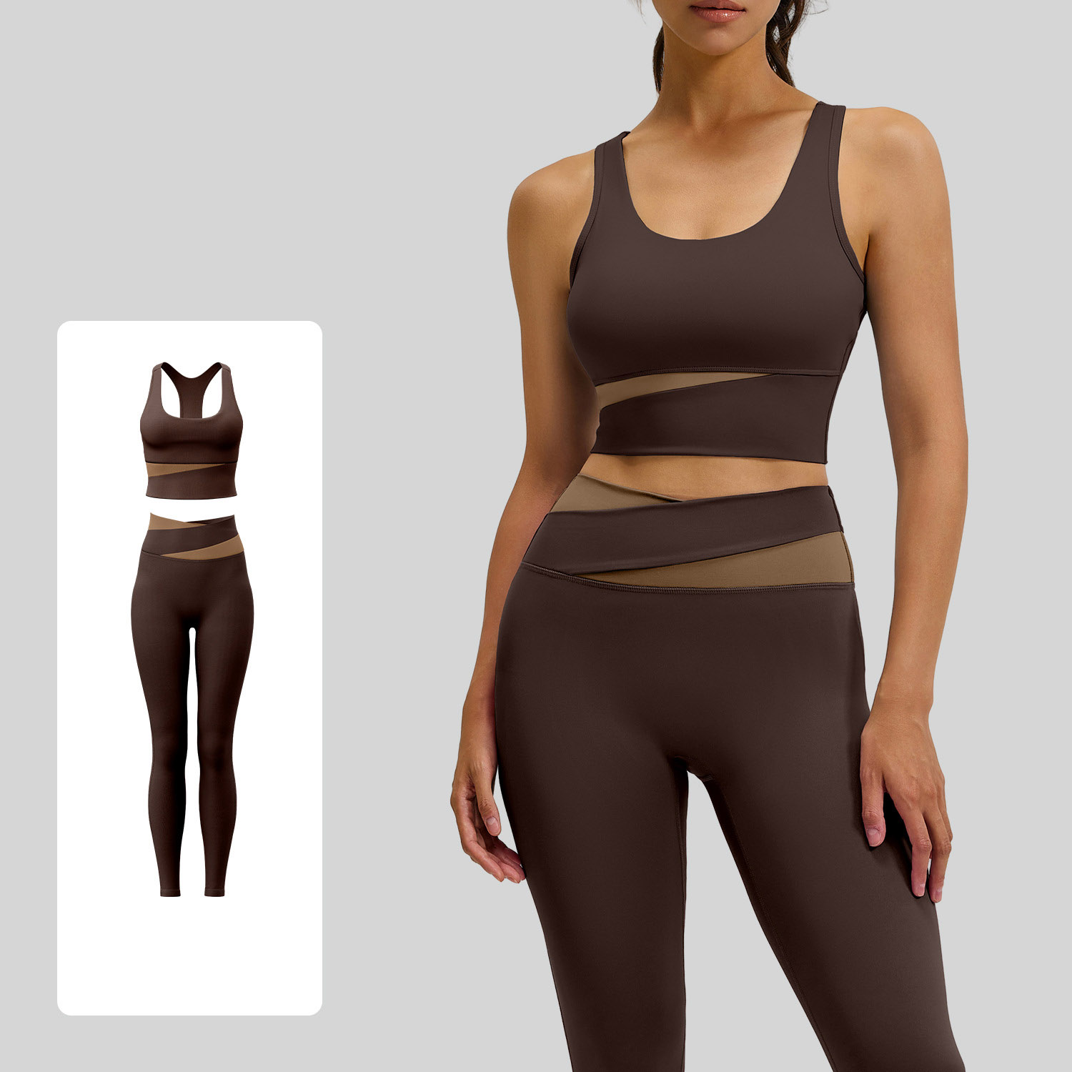 Women Color Block U Tank Cross Waist Long Leg Two Piece Yoga Set 12 Colors, Contrast Wrap Crop Sports Bra + Cross Colorblock High Waist Tight Leggings Multi Colors, YFJYMN004+YFJYMK002