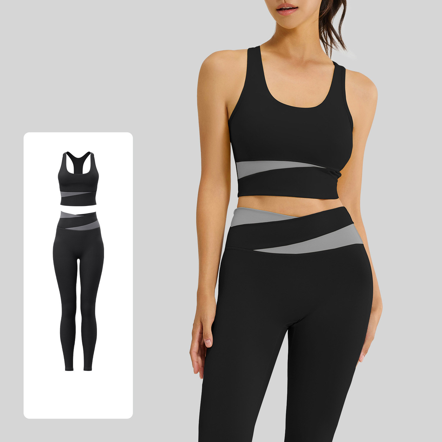 Women Color Block U Tank Cross Waist Long Leg Two Piece Yoga Set 12 Colors, Contrast Wrap Crop Sports Bra + Cross Colorblock High Waist Tight Leggings Multi Colors, YFJYMN004+YFJYMK002