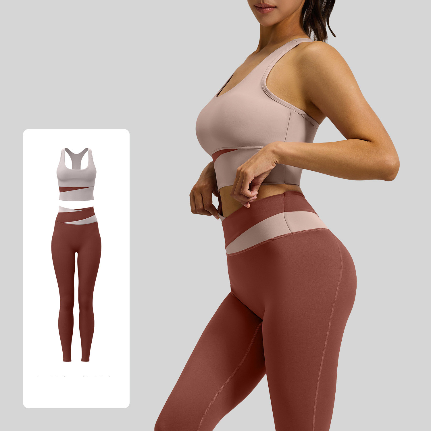 Women Color Block U Tank Cross Waist Long Leg Two Piece Yoga Set 12 Colors, Contrast Wrap Crop Sports Bra + Cross Colorblock High Waist Tight Leggings Multi Colors, YFJYMN004+YFJYMK002