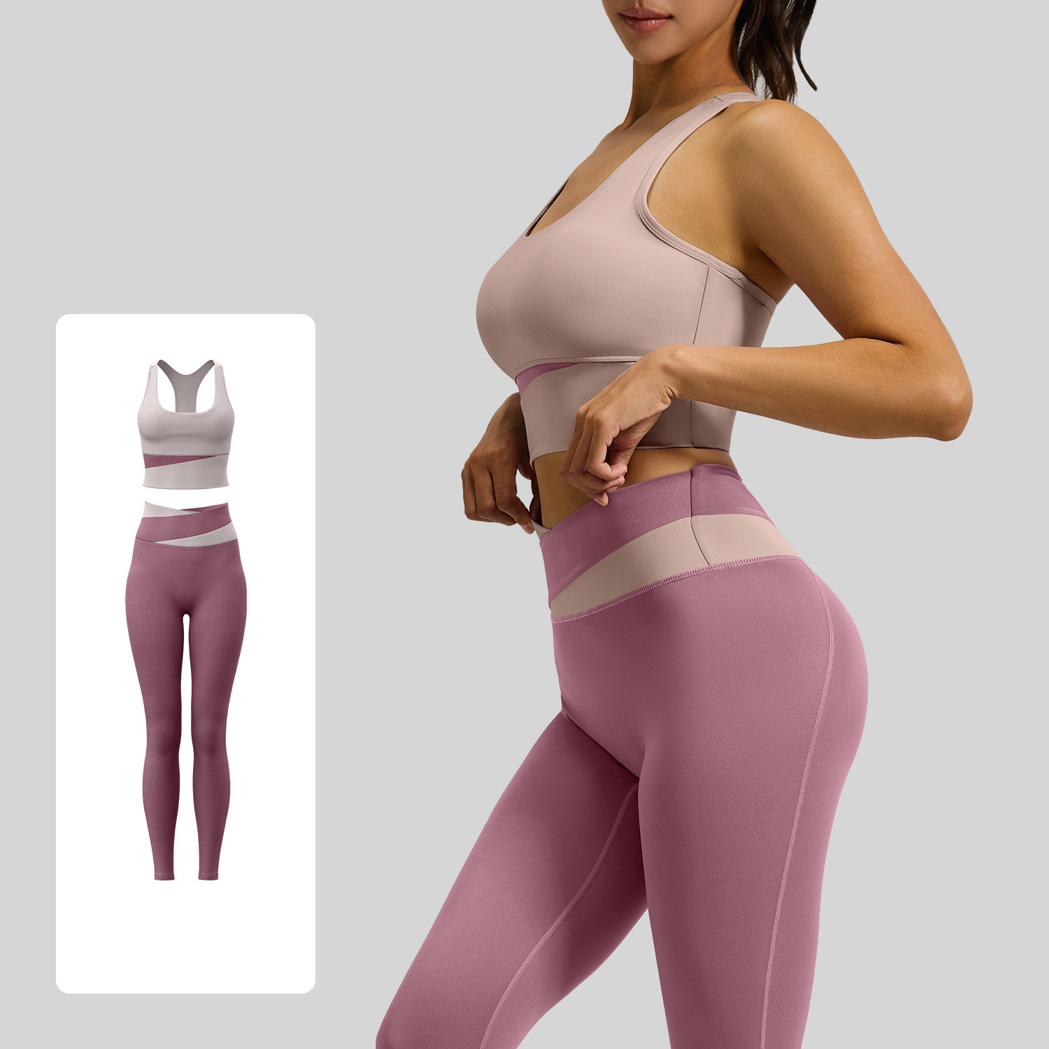 Women Color Block U Tank Cross Waist Long Leg Two Piece Yoga Set 12 Colors, Contrast Wrap Crop Sports Bra + Cross Colorblock High Waist Tight Leggings Multi Colors, YFJYMN004+YFJYMK002