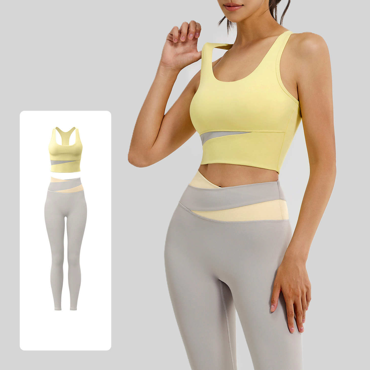 Women Color Block U Tank Cross Waist Long Leg Two Piece Yoga Set 12 Colors, Contrast Wrap Crop Sports Bra + Cross Colorblock High Waist Tight Leggings Multi Colors, YFJYMN004+YFJYMK002