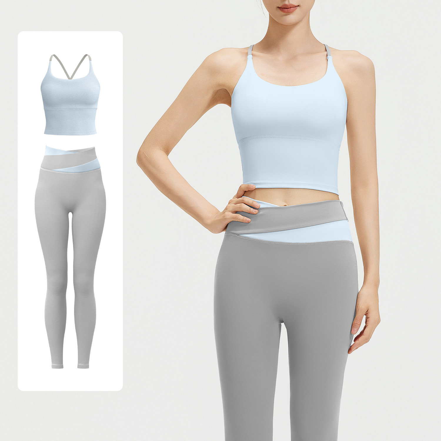 Women Contrast Strap Cross Waist Yoga Set, Sports Bra 8 Colors + Leggings 11 Colors, YFJYMB005+YFJYMK002