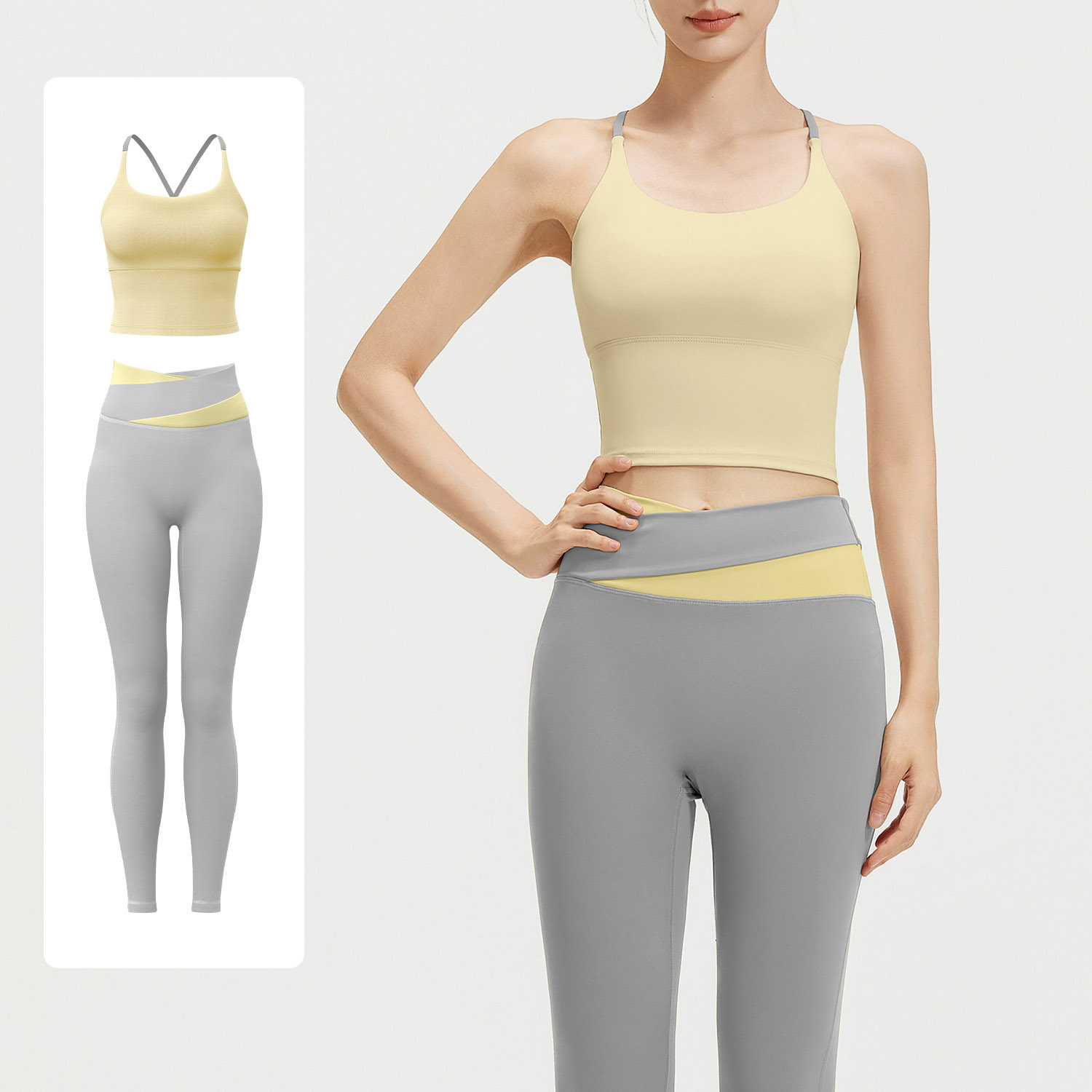 Women Contrast Strap Cross Waist Yoga Set, Sports Bra 8 Colors + Leggings 11 Colors, YFJYMB005+YFJYMK002