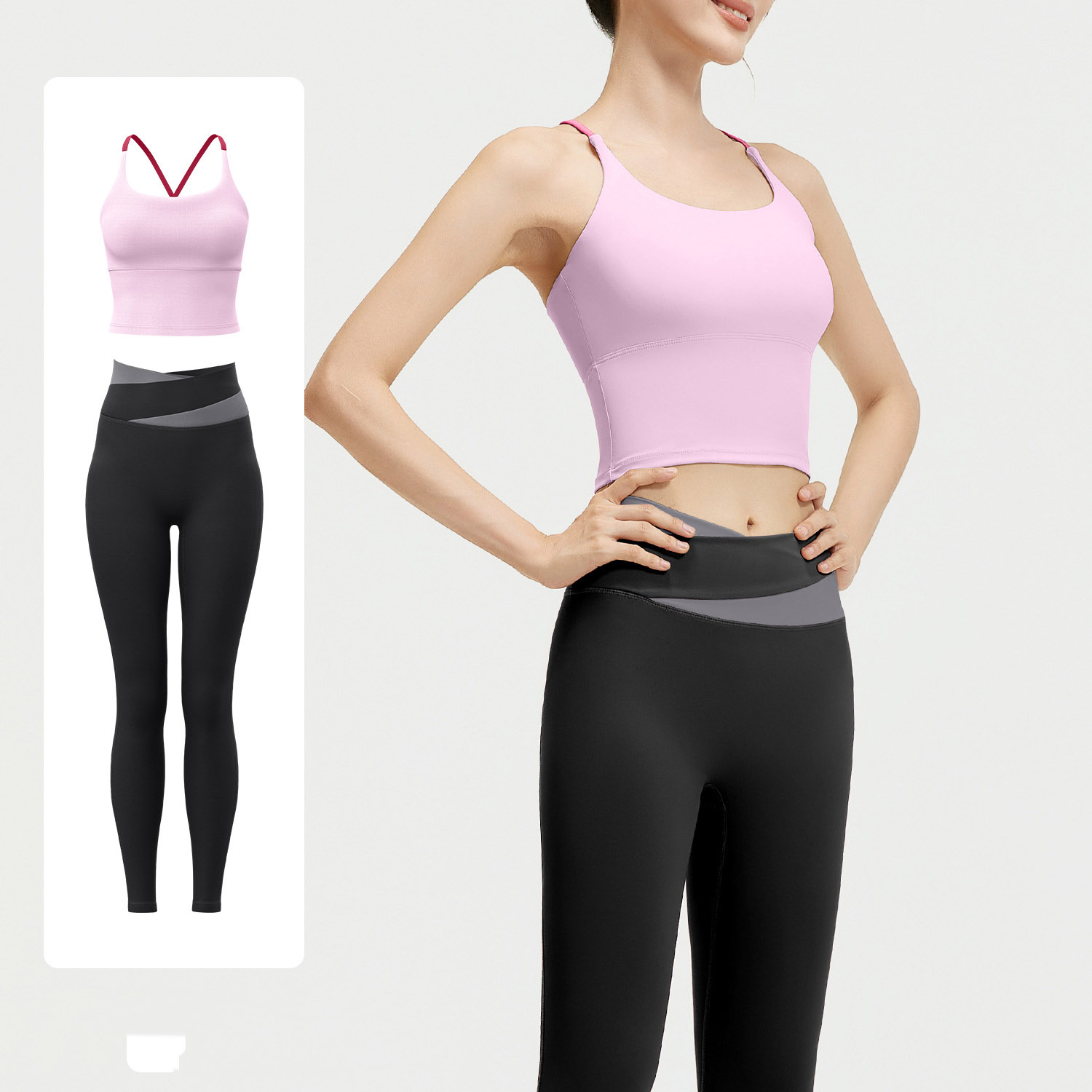 Women Contrast Strap Cross Waist Yoga Set, Sports Bra 8 Colors + Leggings 11 Colors, YFJYMB005+YFJYMK002