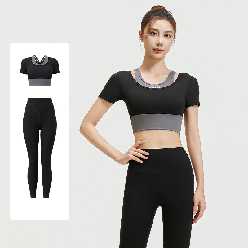 Women Fake Two Piece Short Sleeve High Waist Leggings Yoga Two Piece Set Top 4 Colors Pants 6 Colors, Contrast Layer Crop T-shirt + High Rise Tight Fitness Leggings, YFJYMD035+YFMT20