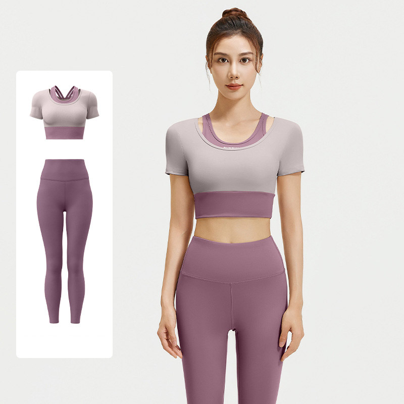 Women Fake Two Piece Short Sleeve High Waist Leggings Yoga Two Piece Set Top 4 Colors Pants 6 Colors, Contrast Layer Crop T-shirt + High Rise Tight Fitness Leggings, YFJYMD035+YFMT20
