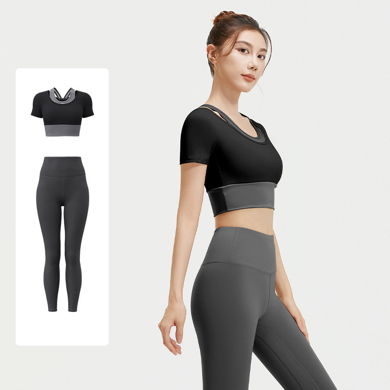 Women Fake Two Piece Short Sleeve High Waist Leggings Yoga Two Piece Set Top 4 Colors Pants 6 Colors, Contrast Layer Crop T-shirt + High Rise Tight Fitness Leggings, YFJYMD035+YFMT20