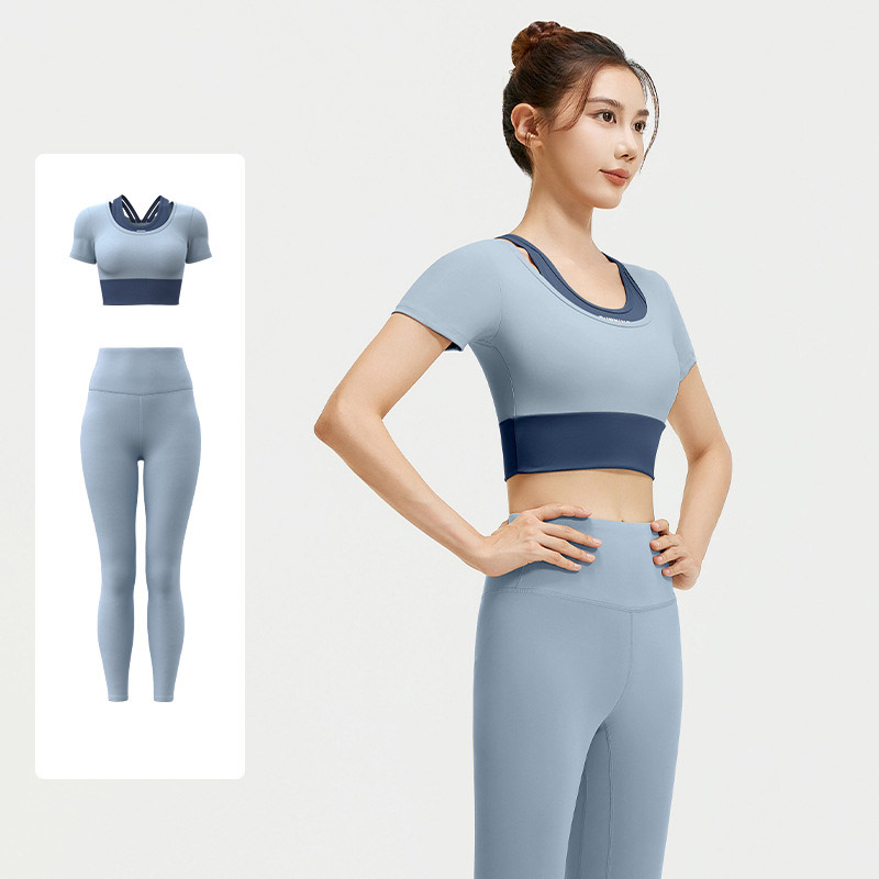 Women Fake Two Piece Short Sleeve High Waist Leggings Yoga Two Piece Set Top 4 Colors Pants 6 Colors, Contrast Layer Crop T-shirt + High Rise Tight Fitness Leggings, YFJYMD035+YFMT20