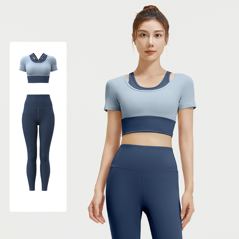 Women Fake Two Piece Short Sleeve High Waist Leggings Yoga Two Piece Set Top 4 Colors Pants 6 Colors, Contrast Layer Crop T-shirt + High Rise Tight Fitness Leggings, YFJYMD035+YFMT20
