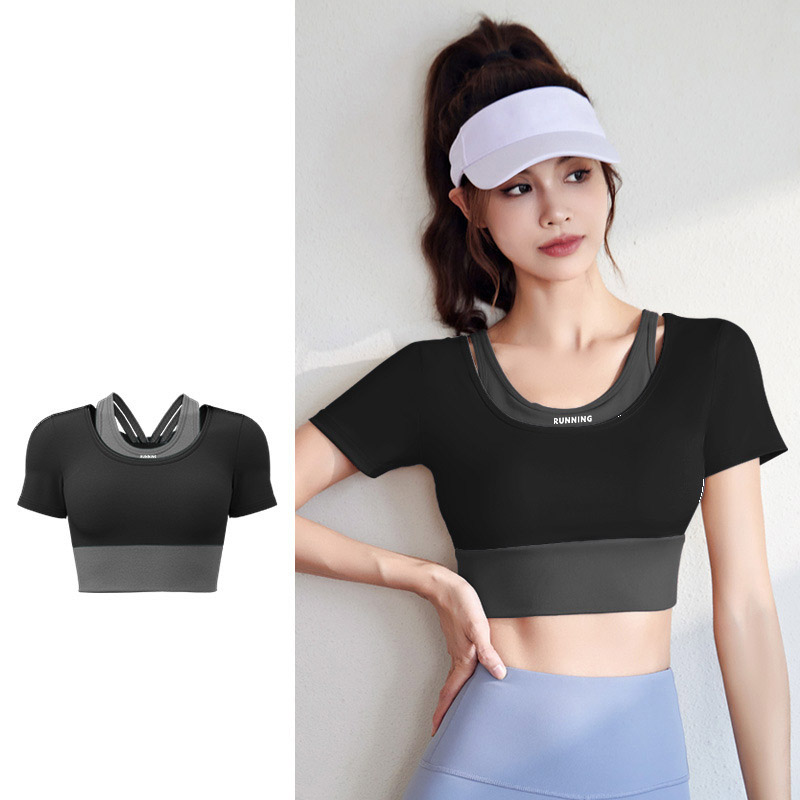 Women Fake Two Piece Short Sleeve High Waist Leggings Yoga Two Piece Set Top 4 Colors Pants 6 Colors, Contrast Layer Crop T-shirt + High Rise Tight Fitness Leggings, YFJYMD035+YFMT20