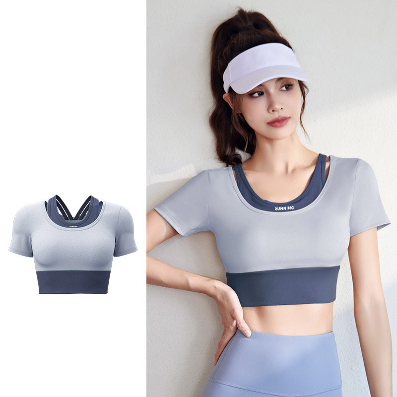 Women Fake Two Piece Short Sleeve High Waist Leggings Yoga Two Piece Set Top 4 Colors Pants 6 Colors, Contrast Layer Crop T-shirt + High Rise Tight Fitness Leggings, YFJYMD035+YFMT20