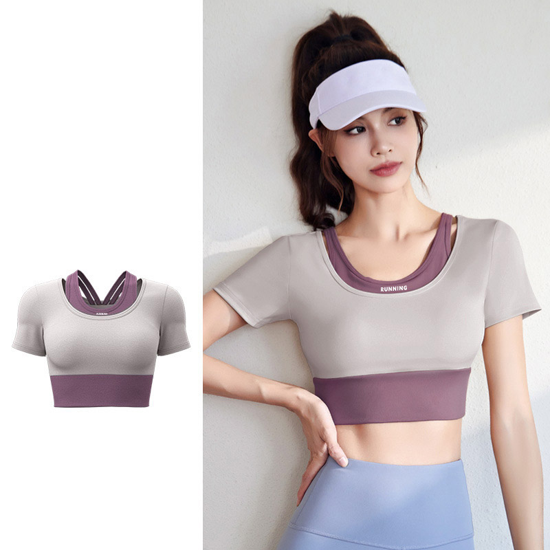Women Fake Two Piece Short Sleeve High Waist Leggings Yoga Two Piece Set Top 4 Colors Pants 6 Colors, Contrast Layer Crop T-shirt + High Rise Tight Fitness Leggings, YFJYMD035+YFMT20