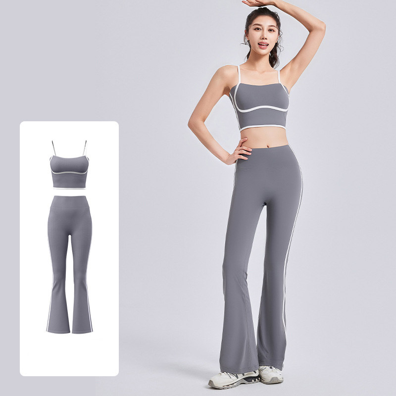 Women Contrast Thin Strap Flare Yoga Two Piece Set Top 4 Colors Pants 4 Colors, U Neck Seamless Sports Bra + High Waist Contrast Flare Leggings, YFJYMN180+YFJYMK148