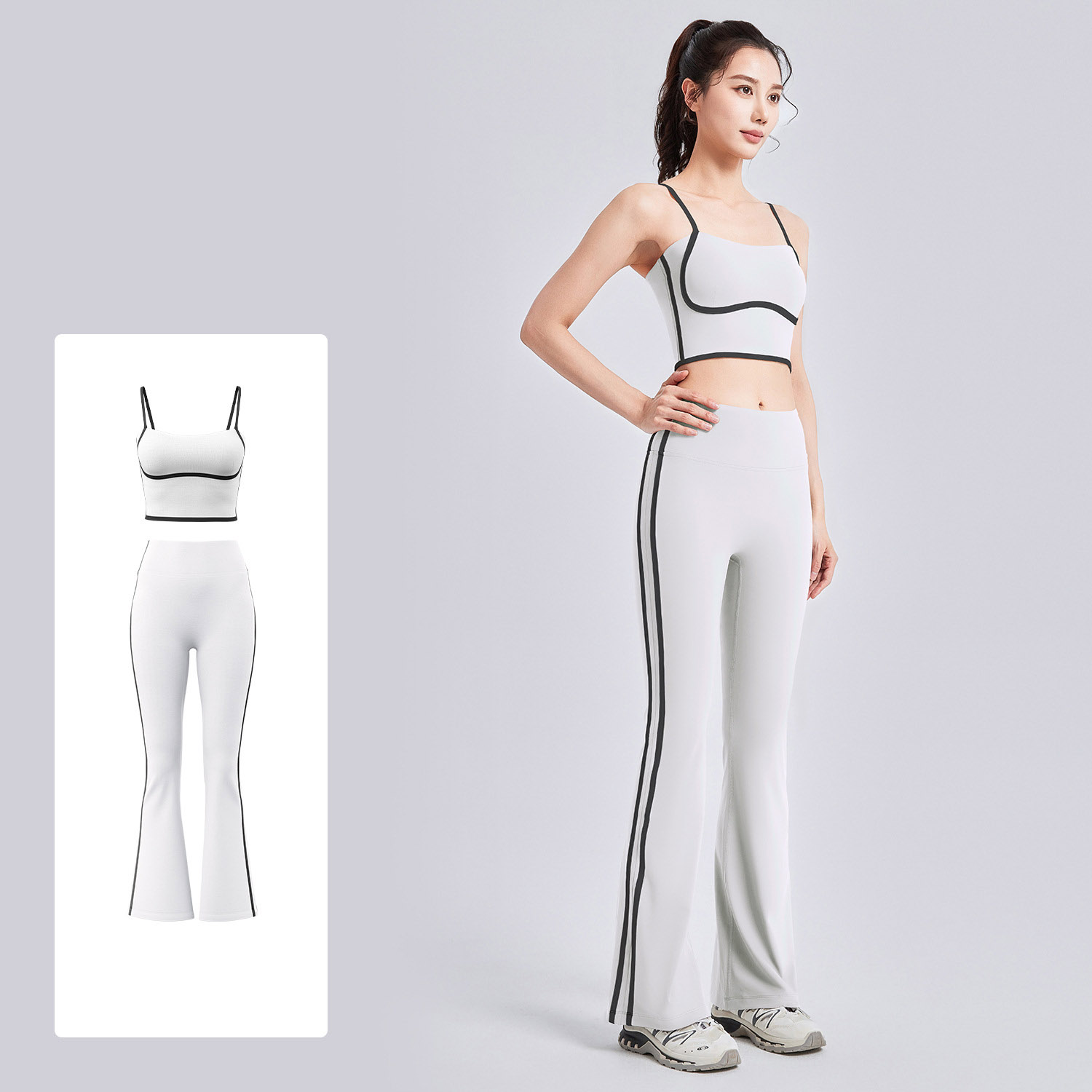 Women Contrast Thin Strap Flare Yoga Two Piece Set Top 4 Colors Pants 4 Colors, U Neck Seamless Sports Bra + High Waist Contrast Flare Leggings, YFJYMN180+YFJYMK148