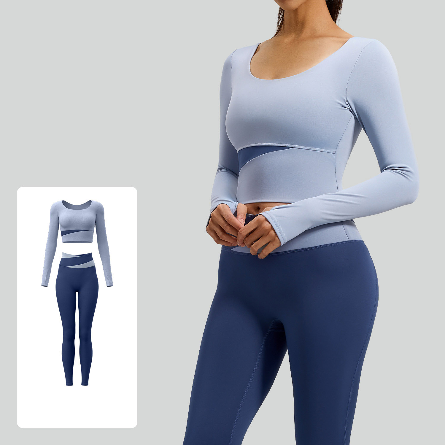 Women Contrast Cross Waist Long Sleeve Yoga Two Piece Set Top 7 Colors Pants 7 Colors, U Neck Crop Long Sleeve Top + Cross Colorblock High Waist Straight Leg Leggings, YFJJYMC023+YFJYMK002