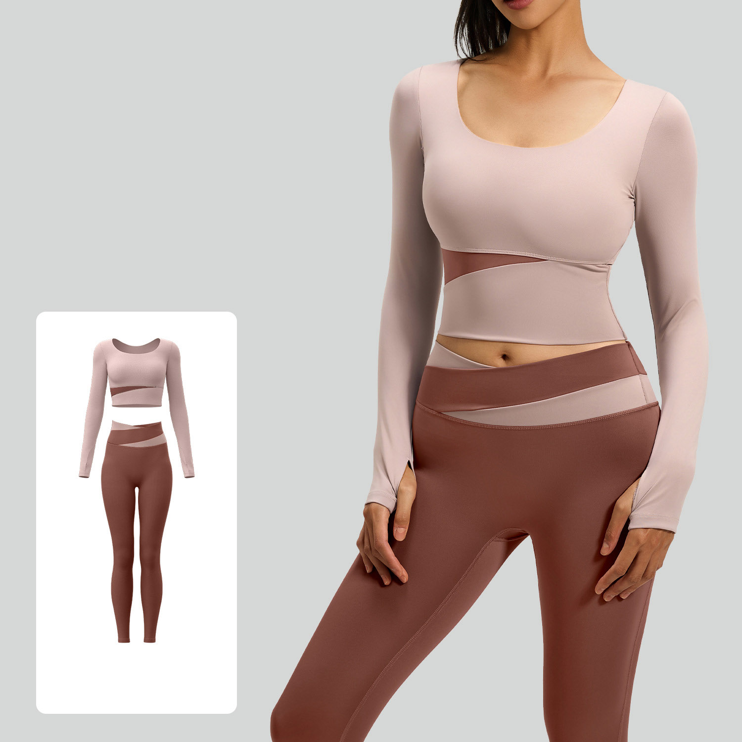 Women Contrast Cross Waist Long Sleeve Yoga Two Piece Set Top 7 Colors Pants 7 Colors, U Neck Crop Long Sleeve Top + Cross Colorblock High Waist Straight Leg Leggings, YFJJYMC023+YFJYMK002