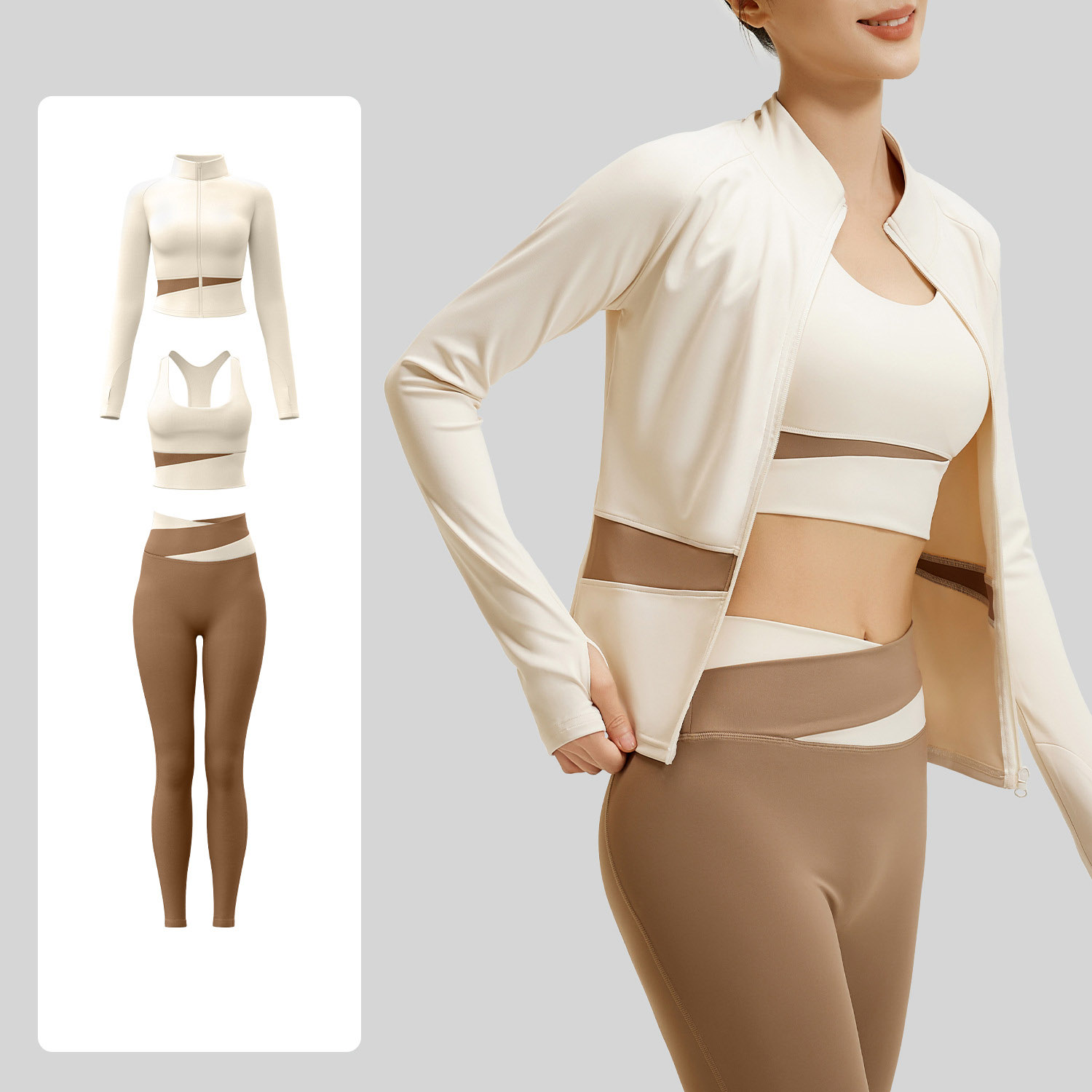 Women Contrast Color Yoga Three Piece Set Sports Bra + Crop Jacket + High Waist Leggings, Top 7 Colors Jacket 7 Colors Pants 7 Colors, YFJYMW022+YFJYMK002+YFJYMN004