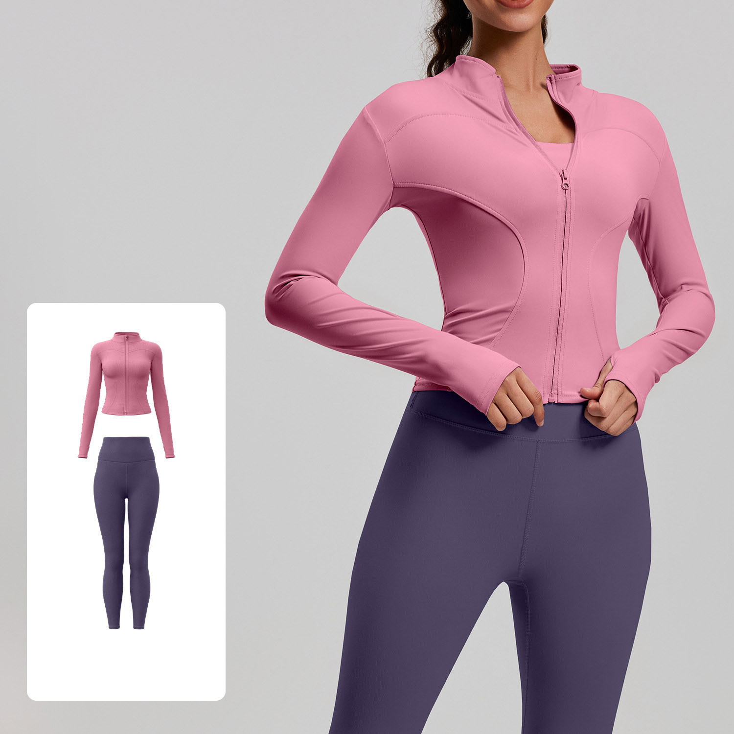 Women Zip Up Long Sleeve Yoga Two Piece Set Top 10 Colors Pants 10 Colors, Stand Collar Slim Fit Jacket + High Waist Tight Fitness Leggings, YFMTWT01+YFMT20