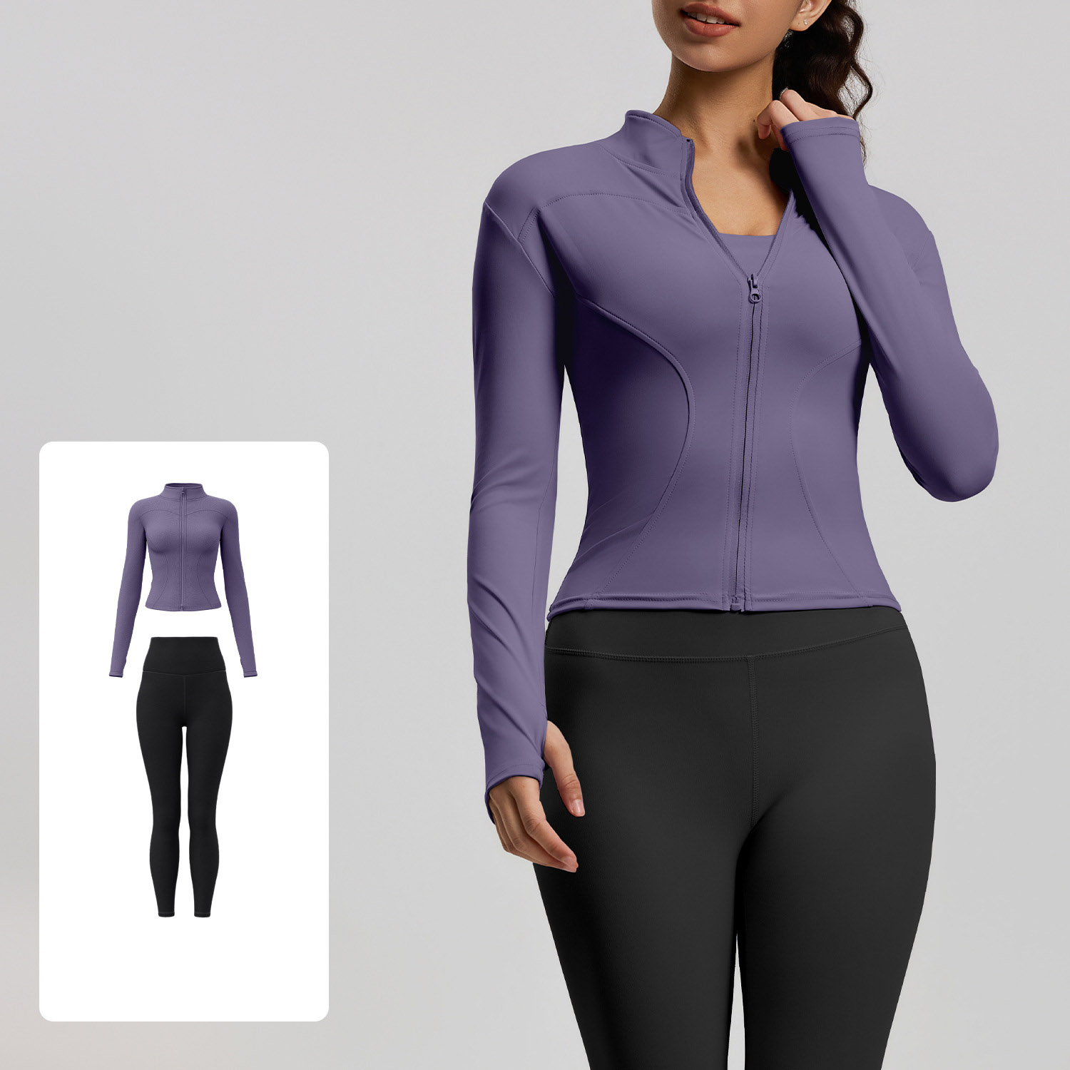 Women Zip Up Long Sleeve Yoga Two Piece Set Top 10 Colors Pants 10 Colors, Stand Collar Slim Fit Jacket + High Waist Tight Fitness Leggings, YFMTWT01+YFMT20