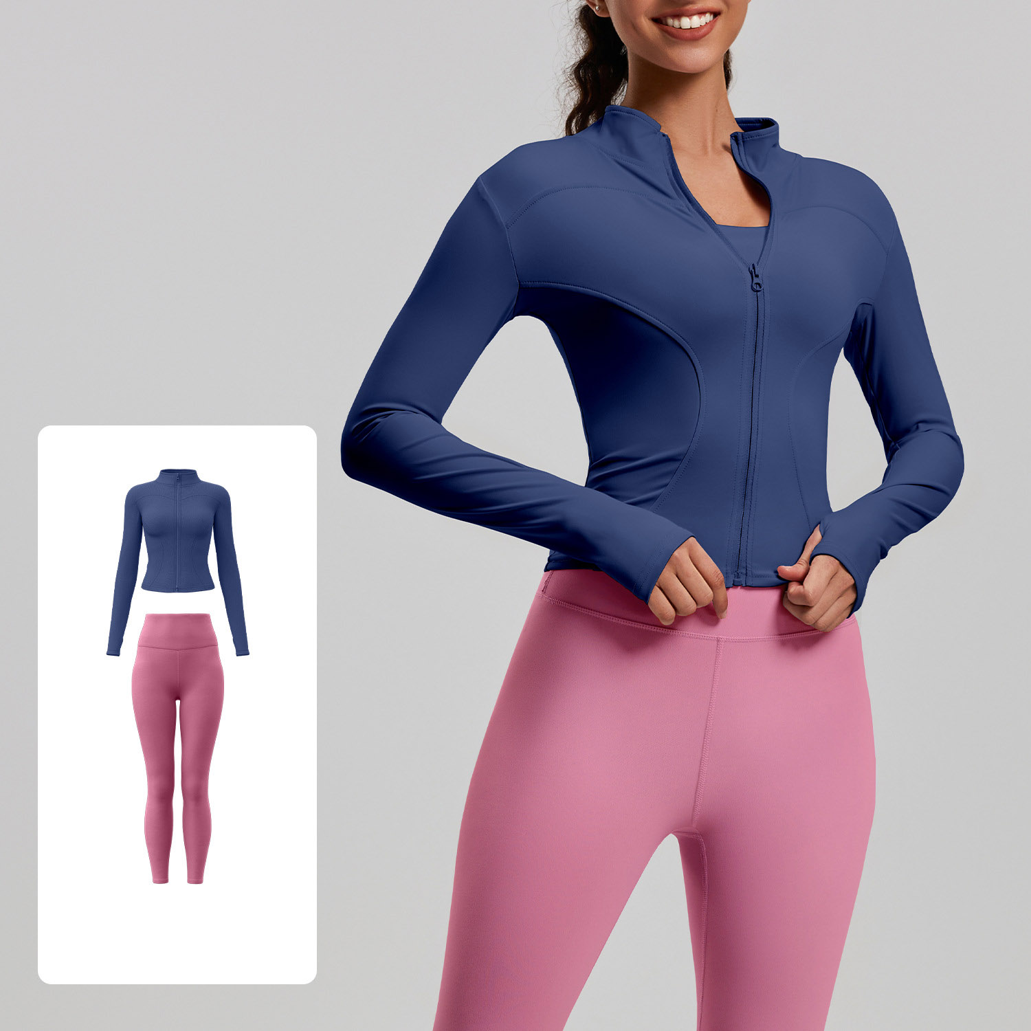 Women Zip Up Long Sleeve Yoga Two Piece Set Top 10 Colors Pants 10 Colors, Stand Collar Slim Fit Jacket + High Waist Tight Fitness Leggings, YFMTWT01+YFMT20