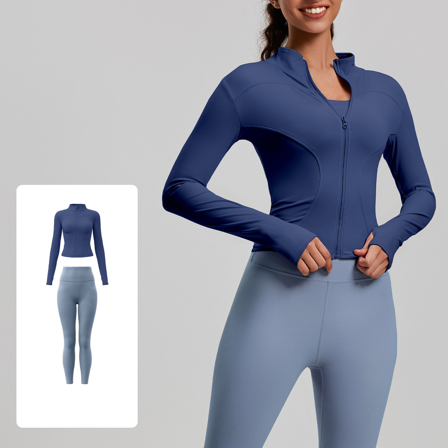 Women Zip Up Long Sleeve Yoga Two Piece Set Top 10 Colors Pants 10 Colors, Stand Collar Slim Fit Jacket + High Waist Tight Fitness Leggings, YFMTWT01+YFMT20