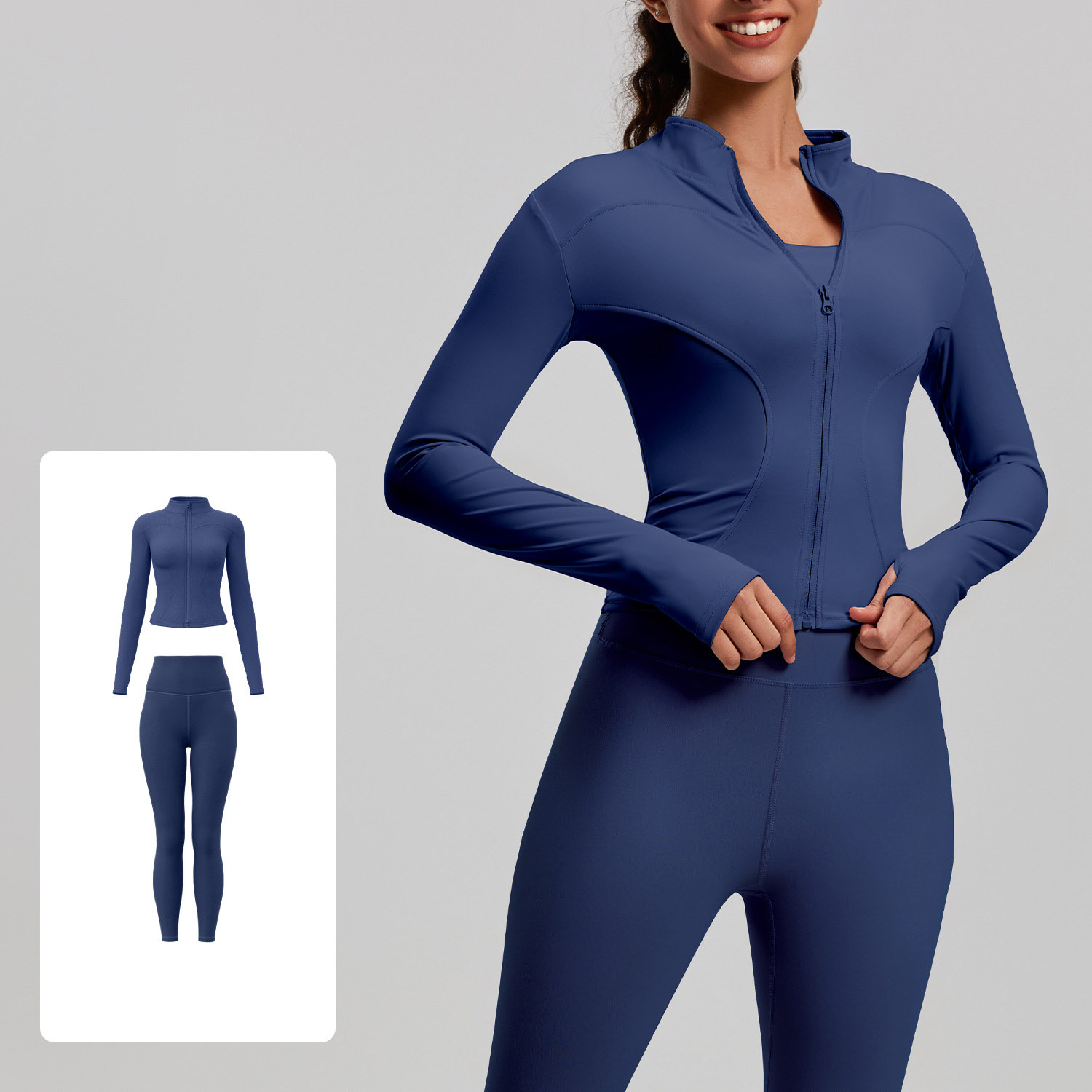 Women Zip Up Long Sleeve Yoga Two Piece Set Top 10 Colors Pants 10 Colors, Stand Collar Slim Fit Jacket + High Waist Tight Fitness Leggings, YFMTWT01+YFMT20