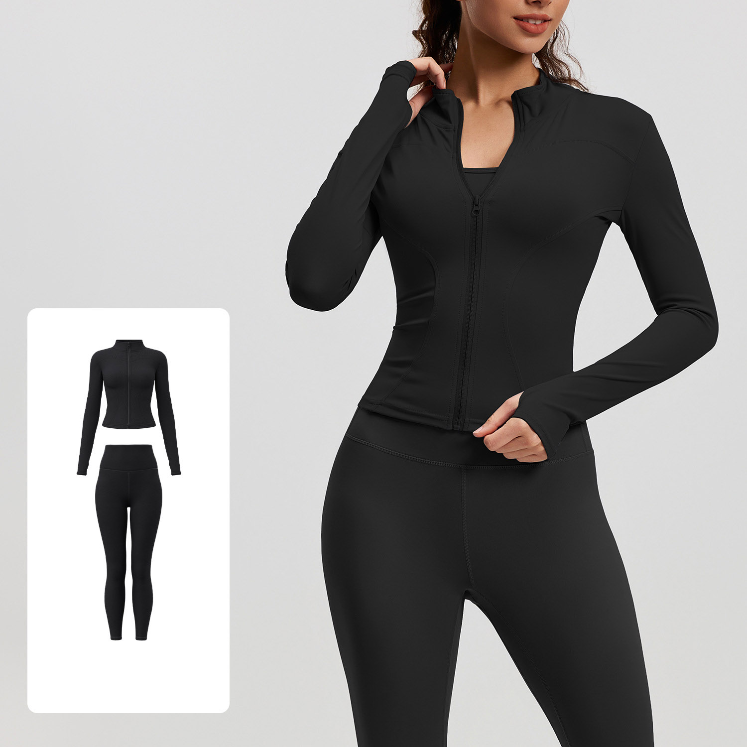 Women Zip Up Long Sleeve Yoga Two Piece Set Top 10 Colors Pants 10 Colors, Stand Collar Slim Fit Jacket + High Waist Tight Fitness Leggings, YFMTWT01+YFMT20